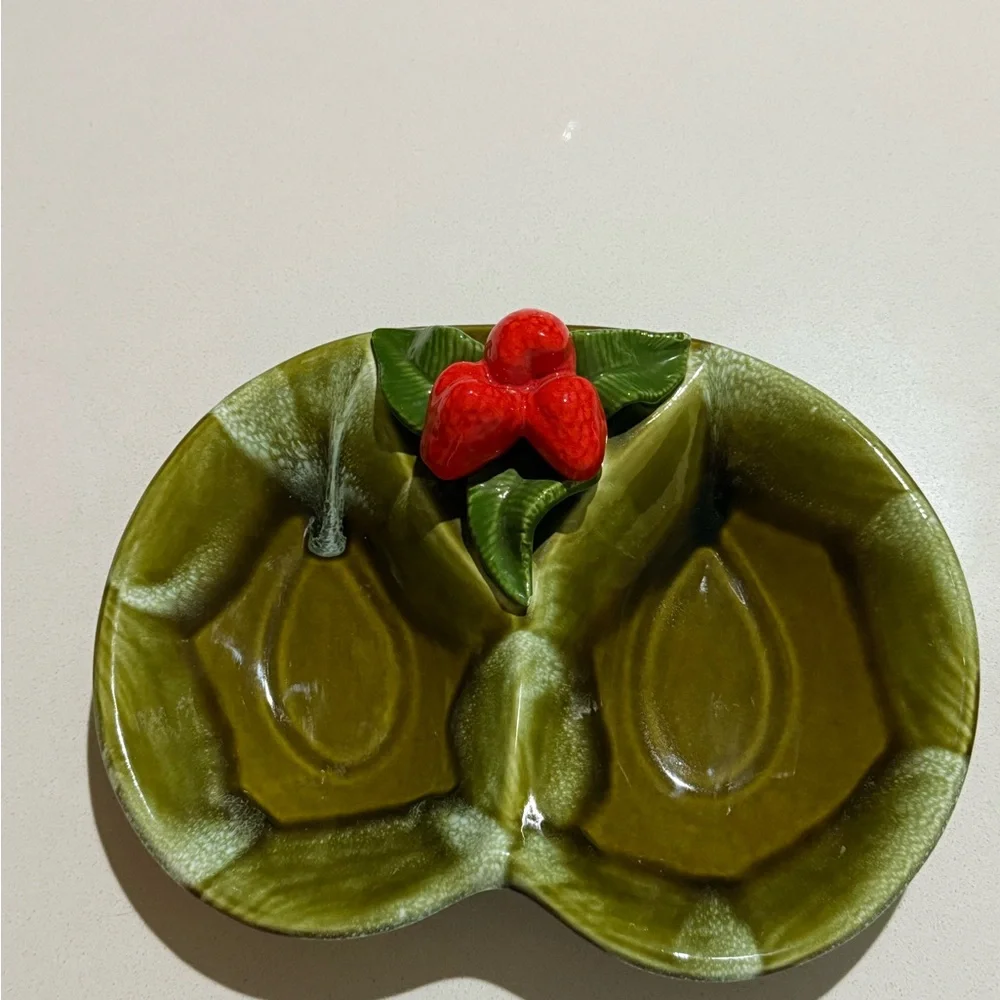 Vintage California‎ Pottery Green Divided Strawberry Serving Dish #892